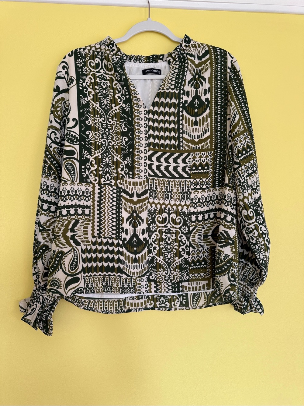 Ava & Viv Olive & Cream Patchwork Print Peasant Blouse
